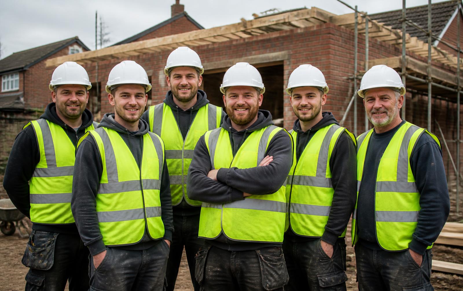 Hammer & Home team of builders in hi-vis outside a house extension