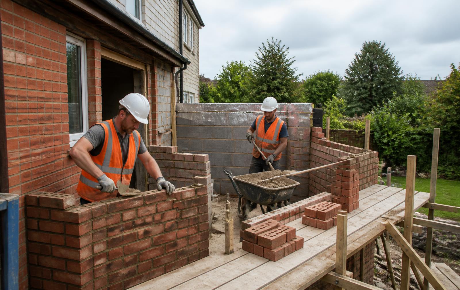 Builders laying bricks on a UK residential extension