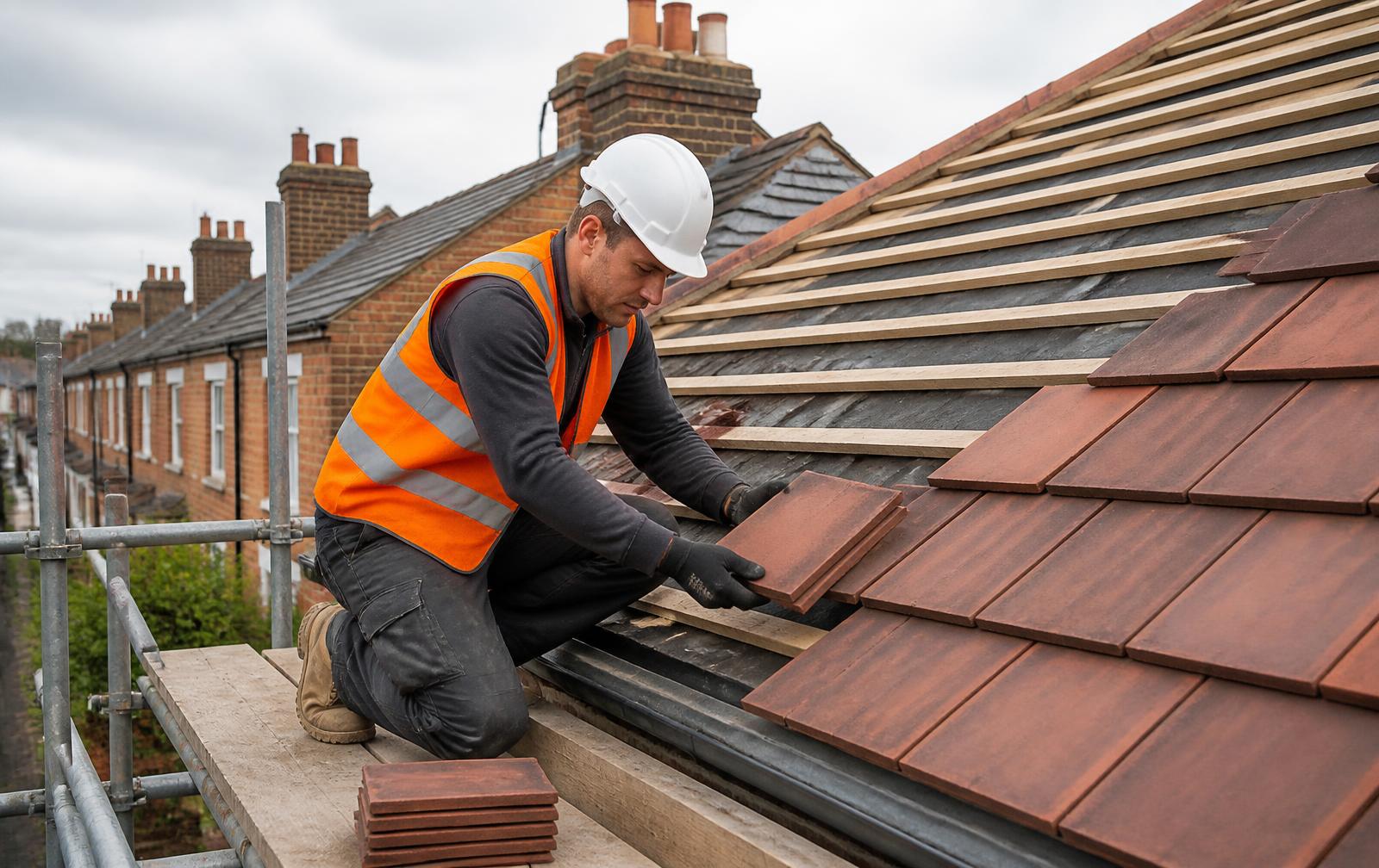 Roofer re-tiling a pitched slate roof with scaffolding in place