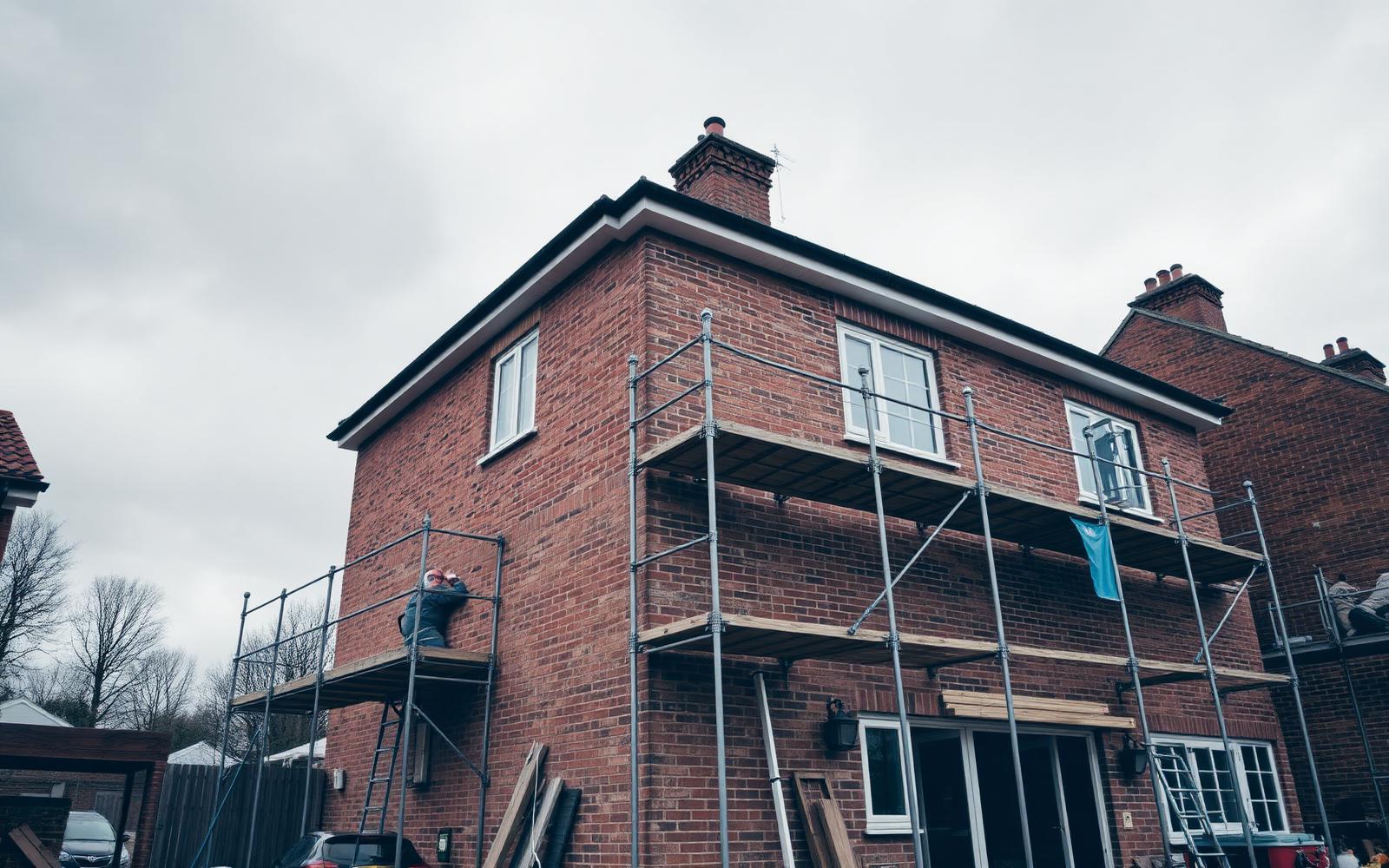 Brick house extension under construction with scaffolding